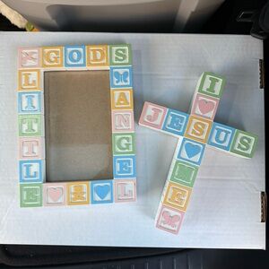 Matching ABC Block Picture Frame and Cross Set, God, Jesus, Pastel Blocks